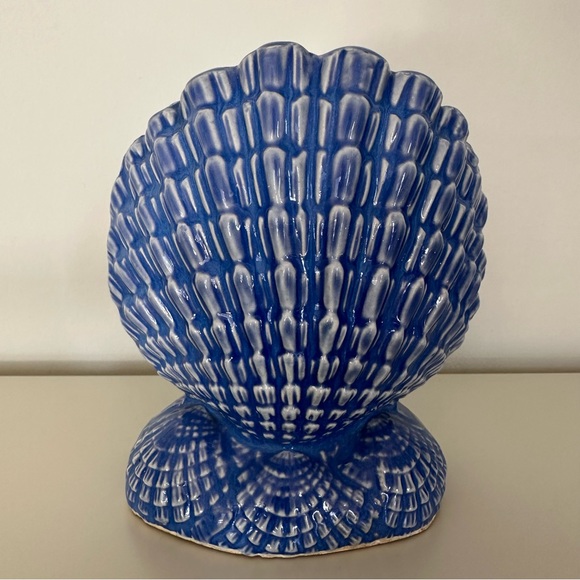 Anthropologie Vintage Hollywood Regency Coastal Shell Vase Cachepot Blue Glaze - Picture 8 of 8